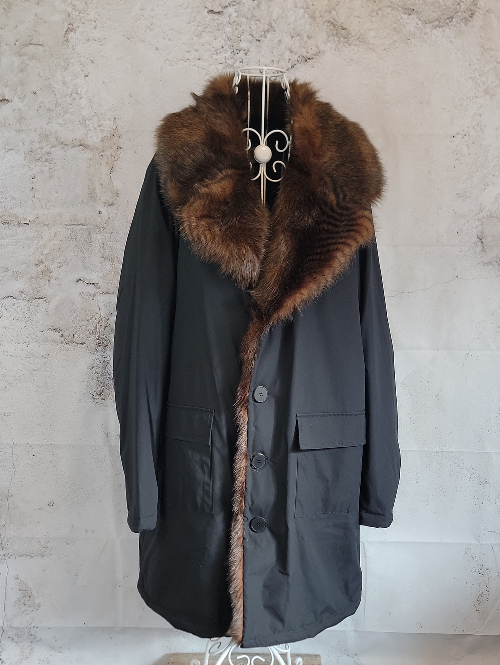 Fabulous Furs Parka Coat with Brown Faux Fur Trim - Black Womens Size XL
